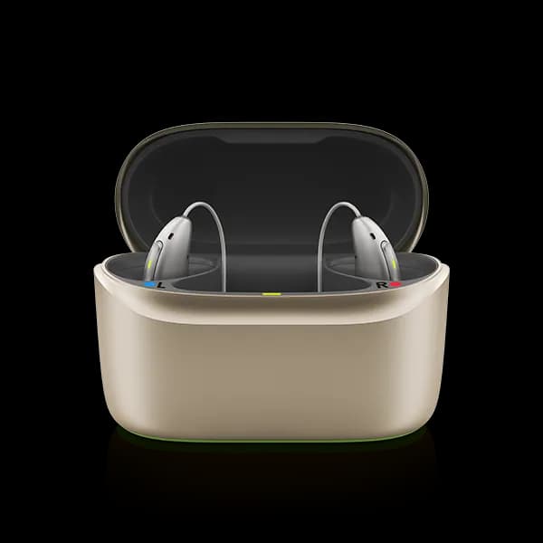 Rechargeable Phonak hearing aids in their charging case